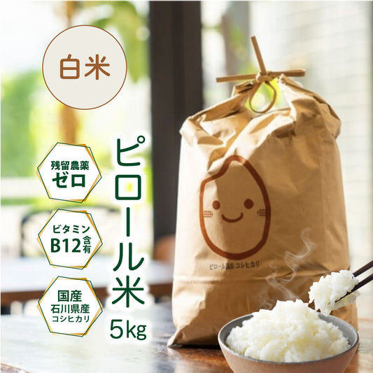 【期間限定特価】ビタミンB12含有 国産コシヒカリ 白米 5kg 残留農薬不検出 ピロール農法 令和7年産 ヴィーガン ピロール米 精米