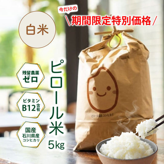 【期間限定特価】ビタミンB12含有 国産コシヒカリ 白米 5kg 残留農薬不検出 ピロール農法 令和7年産 ヴィーガン ピロール米 精米