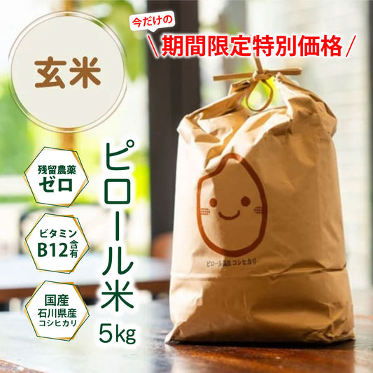 【期間限定特価】ビタミンB12含有 国産コシヒカリ 玄米 5kg 残留農薬不検出 ピロール農法 令和7年産 ヴィーガン ピロール米